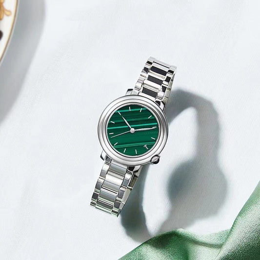 Women's Elegant Green Round Dial Quartz Watch with Rhinestone