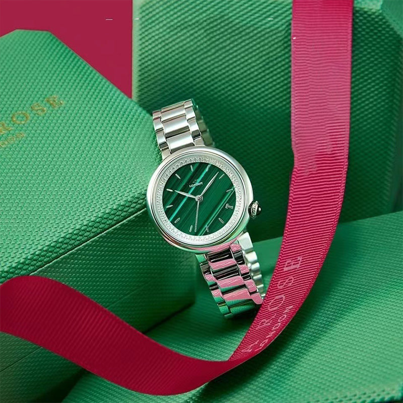 Women's Elegant Green Round Dial Quartz Watch with Rhinestone