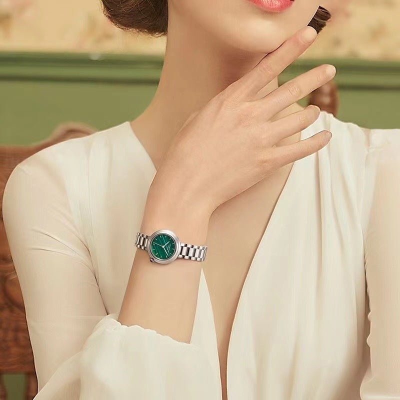 Women's Elegant Green Round Dial Quartz Watch with Rhinestone