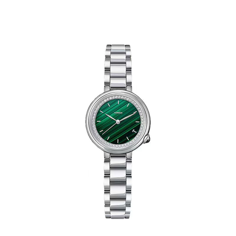 Women's Elegant Green Round Dial Quartz Watch with Rhinestone