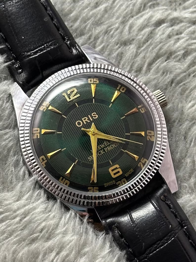 Vintage Rare ORIS Green Dial Hand Winding Wrist watch Men S Gents FHF Fossiu